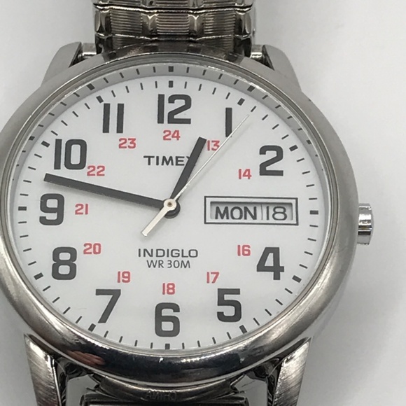 Timex Watch Easy Read Speidel Stainless Stretch Band Day Date Mens New Battery - Picture 3 of 11